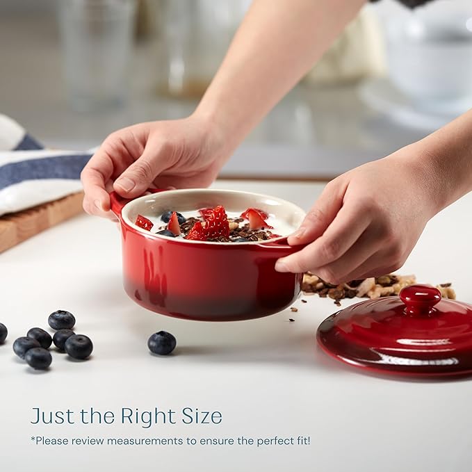 Kook Ceramic Mini Cocotte Set, Small Casserole Dishes with Lids and Handles, Individual Baking Ramekins, Oven safe 500F, Microwave & Dishwasher Safe, Stoneware, 12 oz, Set of 4, (Crimson Ombre)
