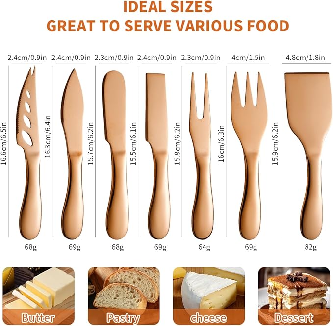Copper Cheese Knives Set 7 Pieces Stainless Steel Kitchenware Utensils Gadgets 7 Pieces Cheese Knife,Cheese Spreader,Cheese Forks,Cheese Slicer,Cheese Cutter,Butter Knife