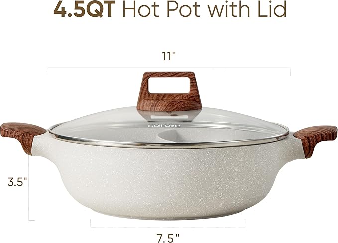 CAROTE Hot Pot with Divider Double Flavor Divided Stockpot with Glass Lid, Dual Sided Nonstick Stock Pot, Shabu Shabu Pots, Cookware for Induction Cooktop Gas Stove, 4.5-QT
