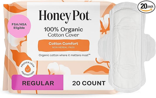 The Honey Pot Company - Sanitary Pads for Women - Non-Herbal Regular Flow w/Wings - Organic Cotton Cover & Ultra-Absorbent Pulp Core - Feminine Care - 20 ct