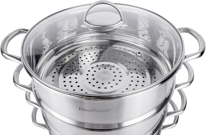 3-Tier Stainless Steel Steamer Pot with Lid Dumpling Steamer Pot for Cooking (3-tiered), Multi-Layer Cookware Pot, Food Vegetable Cooking Pan with Stackable Pan Insert for Vegetable, Dumpling, Meat, Dishwasher safe, Induction Safe (Silver, 10.56-qt. (1...