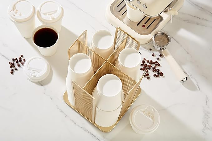 Annova Paper/Plastic Cup and Lid Holder Plastic Storage Organizer, 360°Rotating Coffee Mup Dispenser with 4 Compartments, Multifunctional Storage Rack for Home, Office, Bar, Coffee Shop (Gold)