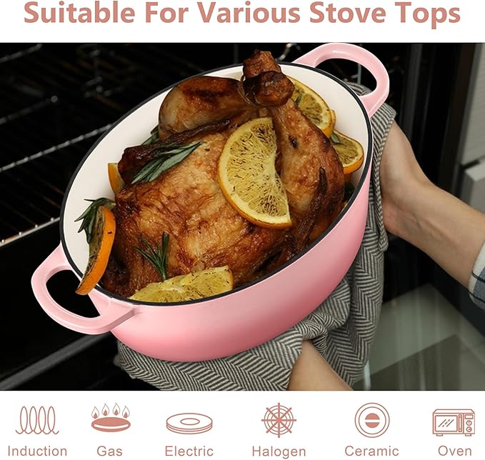 TeamFar 7QT Oval Dutch Oven, Enameled Cast Iron Dutch Oven Pot with Lid, For Bread Baking/Stewing/Braising/Frying, Suitable for Various Stoves, Non-stick & Easy Clean, Pink