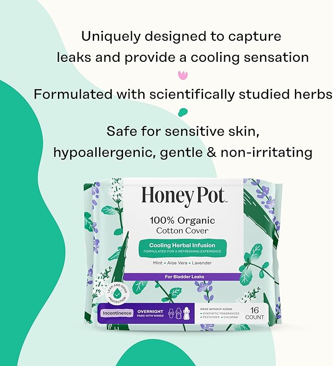 The Honey Pot Company - 64ct - Herbal Pads for Women - Organic Incontinence Overnight w/Wings - Infused w/Essential Oils for Cooling Effect - Postpartum Essentials - Feminine Care