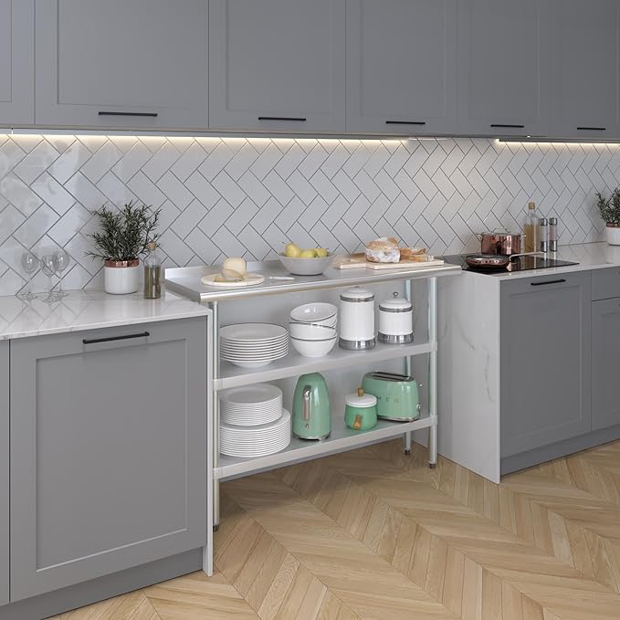 AmGood Stainless Steel Work Table with 1.5" Backsplash and 2 Shelves | Metal Kitchen Food Prep Table | NSF (48" Long x 14" Deep)
