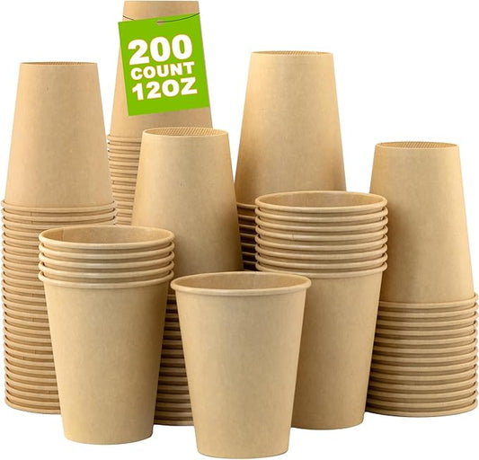 12 oz 200 Pack Disposable Coffee Cups, Bulk Brown Disposable Paper Cups, Coffee Cups for Hot Tea, Chocolate and Cold Drinks