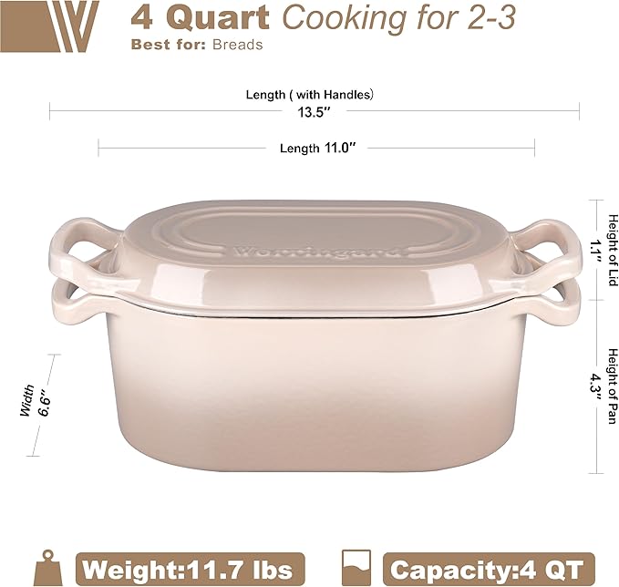 Oval Dutch Oven Pot with Lid, Enamel Coating Cast Iron Bread Pans for Homemade Sourdough Bread Baking, Cooking, 4 Quart, Latte