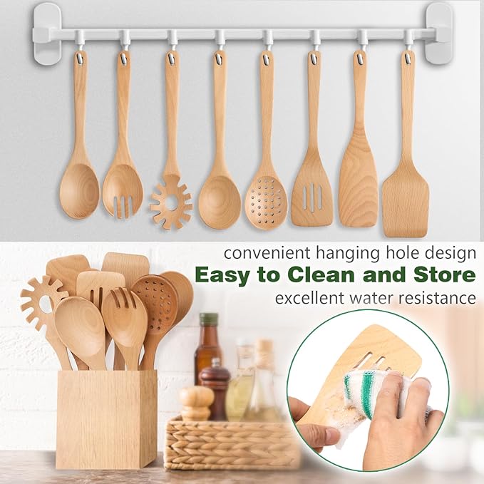 Wooden Spoons for Cooking, Beech Wood Kitchen Utensil Set, Premium Handmade Wooden Cooking Utensils for Nonstick Cookware, Heat Resistant, Smooth Finish, Comfortable Grip, 8 Piece