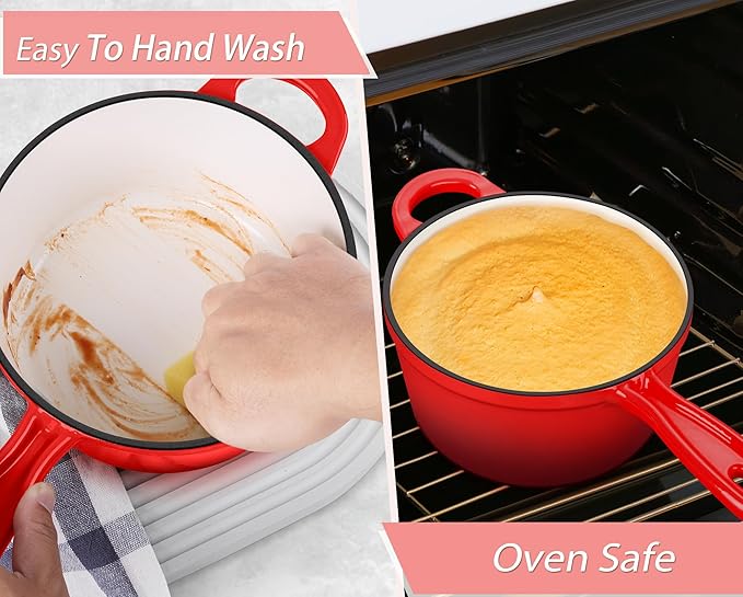TeamFar 2QT Enameled Cast Iron Sauce Pan, Small Sauce Pot with Lid, Mini Dutch Oven Saucepan for Cooking/Simmering/Baking/Boiling, Sturdy & Nonstick, Oven Safe & Fit for Induction-Red