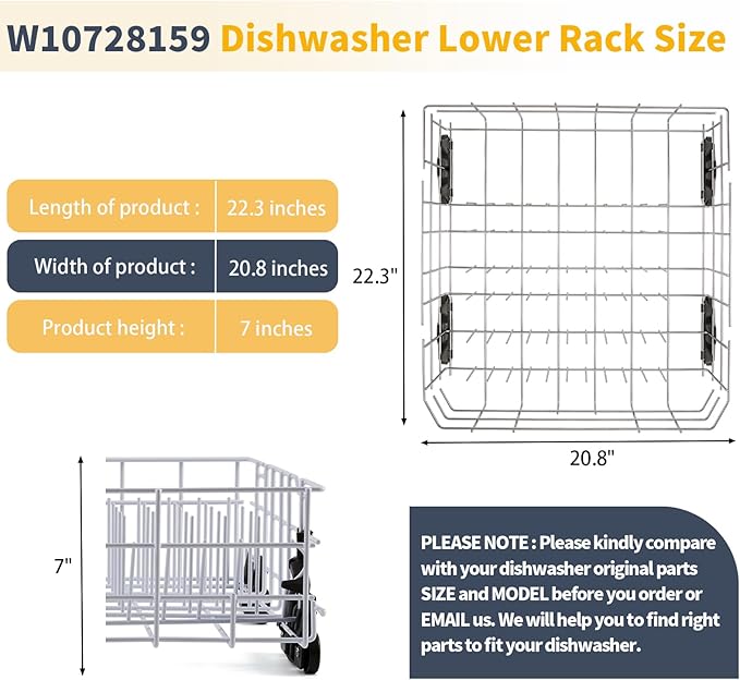 Stainless Steel W10728159 Dishwasher Lower Rack Replacement for KitchenAid Maytag Dishwasher Parts with Wheels W10525646 KDFE104DSS2 Lower Dishrack 22" x 20.7" Whirlpool Dishwasher Bottom Rack Drawer