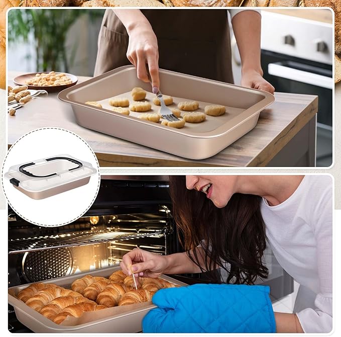 Qinyoung 2 Pcs Cake Baking Pan with Lid and Handle, 9 x 13 Inch Non-stick Rectangle Sheet Cake Pan Carrier for Brownie Roasting Cooking Baking (Gold)
