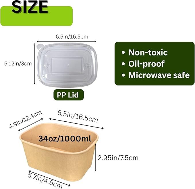 34 OZ Disposable Bowls,50 Sets Square Kraft Paper Salad Bowls with Lids, Oil-Proof Soup Bowls Microwave Freeze, Perfect for Disposable Meal Prep Food Container Takeout