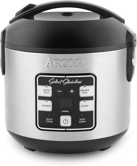 AROMA® Select Stainless® Rice Cooker, 4-Cup (Uncooked) / 8-Cup (Cooked), Stainless Steel Inner Pot, Multicooker, Steamer, 2 Qt, Stainless Steel, ARC-914SBDS