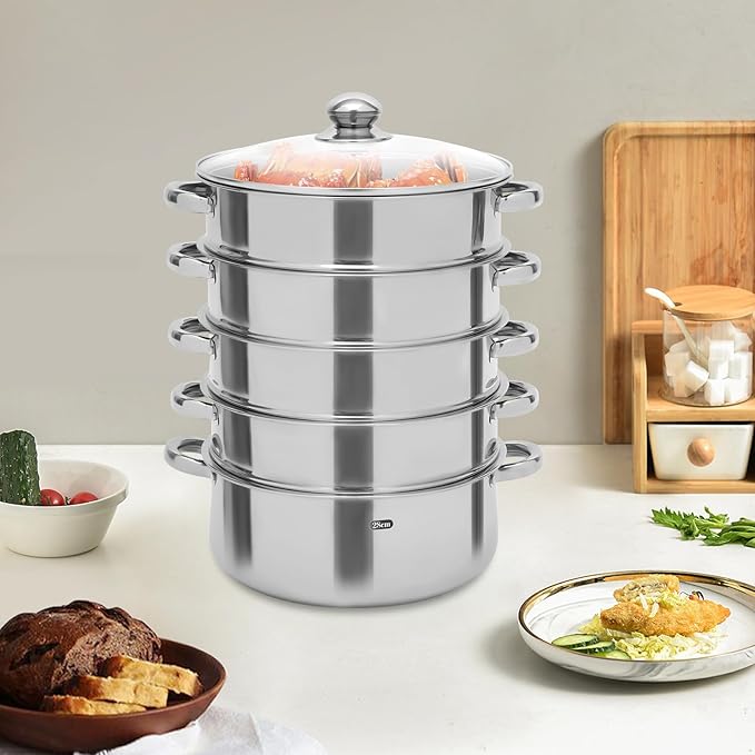 5-Layer Stainless Steel Steamer, 28CM Commercial Food-Grade Steamer Cookware Steaming Pot Tool w/Glass Lid Foods Steamers for Induction Cookers, Electric Ceramic Stoves, Gas Stoves (Silver, 28CM)