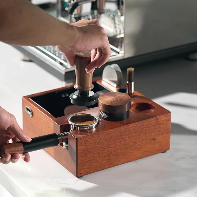 IKAPE V2 Espresso Knock Box, Espresso Coffee Organizer Box Fit for Storage 51mm 53/54mm 58mm Espresso Tamper, Distributor, Portafilter & Puck Screen Accessories, Natural Walnut Station Base (8 IN One)