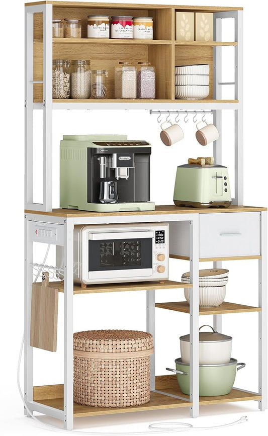 VASAGLE Bakers Rack with Charging Station, Coffee Bar, 15.7 x 31.5 x 71 Inches, Kitchen Microwave Stand, Adjustable Storage Shelves, Fabric Drawer, 12 Hooks, Golden Oak and Cloud White UKKS015Y03