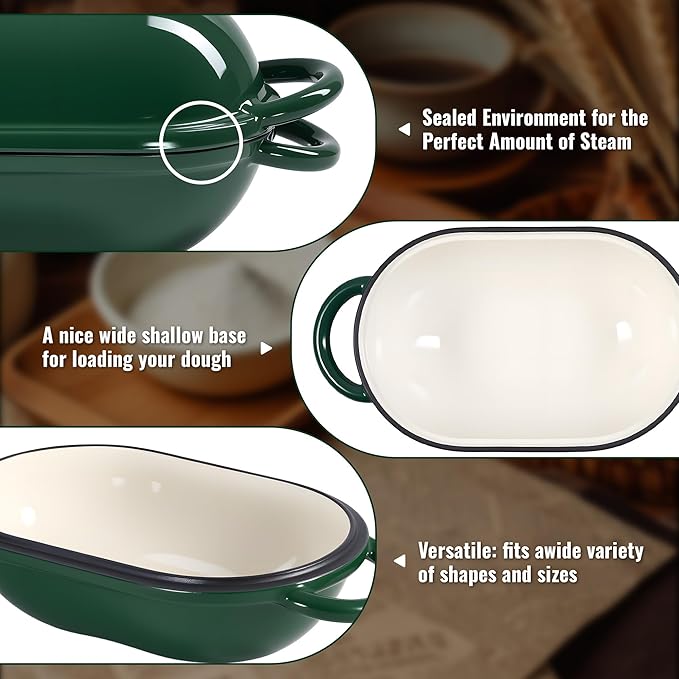 2 QT Oval Dutch Oven for Bread Baking, Enamelled Cast Iron Bread Oven for Sourdough, Sourdough Loaf Pan with Lid, Heavy-Duty Non Stick Bread Pan for Homemade Bread Baking, Green
