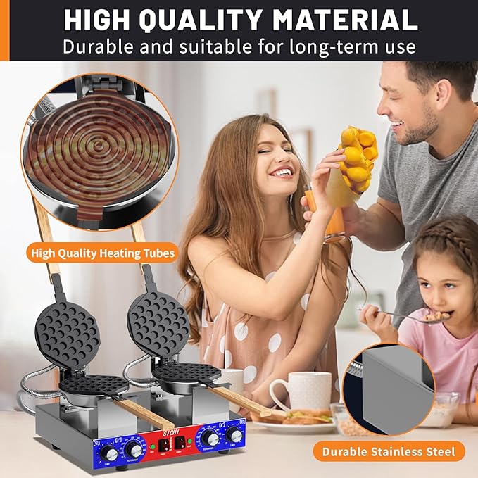 Bubble Waffle Maker - Commercial Egg Waffle Maker w/Two Non-stick Baking Pans, Temperature and Timers, 2800W Professional Bubble Waffle Machine for Double Baking, Hong Kong Egg Waffle Iron