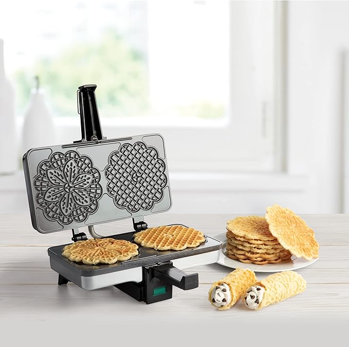 Pizzelle Maker- Non-Stick Electric Baker Press Makes Two 5-Inch Cookies at Once, Even Heating Plates- Must Have Party Baking Supplies- Italian Easter Dessert Treat Making w Recipe Guide- Gift for Her