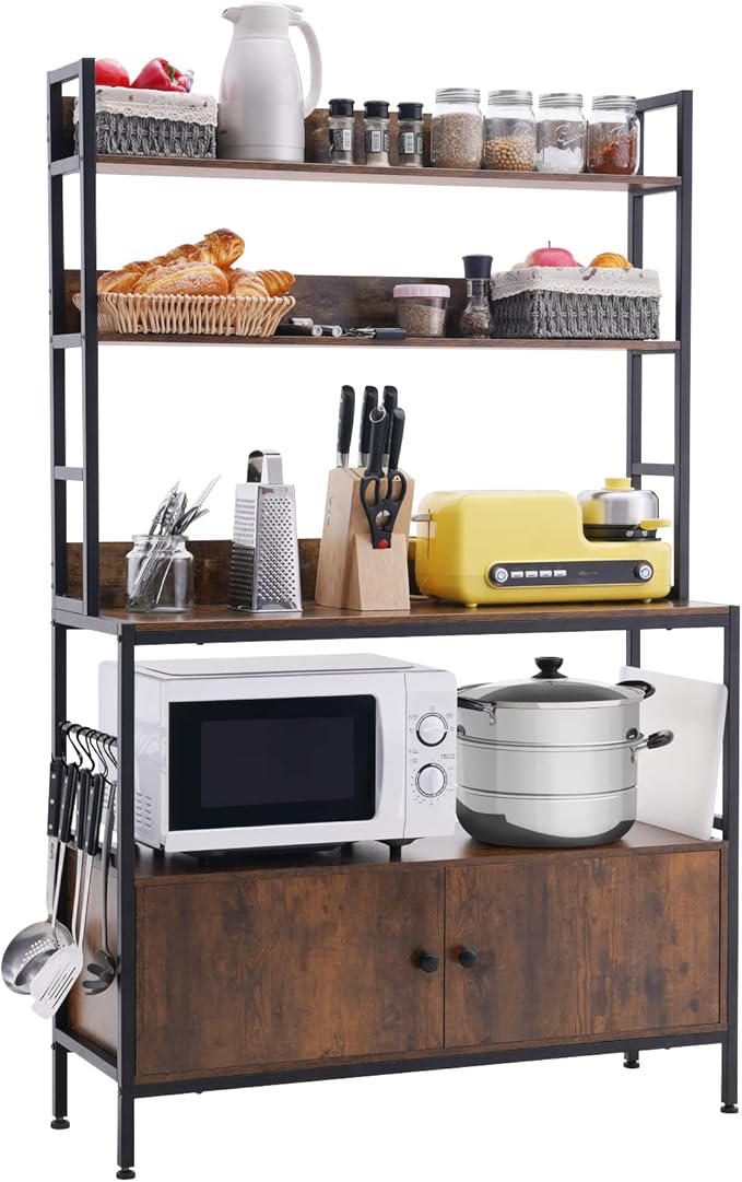 5-Tier Kitchen Baker’s Rack with Storage,Large Bakers Rack with Cabinet, Heavy Duty Oven Stand Microwave,Free Standing Kitchen Utility Shelf with Storage,Spice Rack with Hooks
