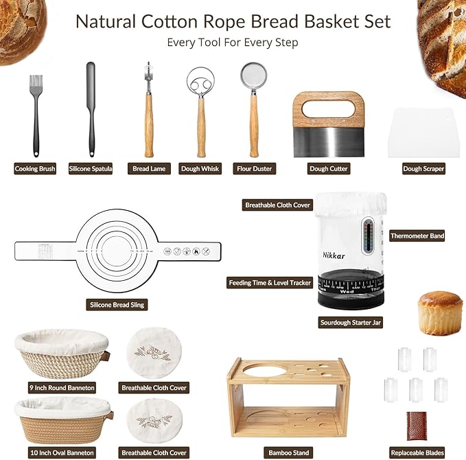 Complete Sourdough Starter Kit with Bamboo Storage Rack Bread Baskets, 12 Set Sourdough Bread Baking Supplies with Glass Sourdough Starter Jar for Bread Making Baking Fermentation