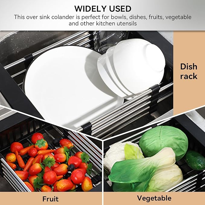 Cyrank Over The Sink Dish Drying Rack, Over The Sink Dish Drying Rack Expandable Over Sink Grill Telescopic Drain Basket Kitchen Rack Drain Basket Sink Drying Rack(S#Black)