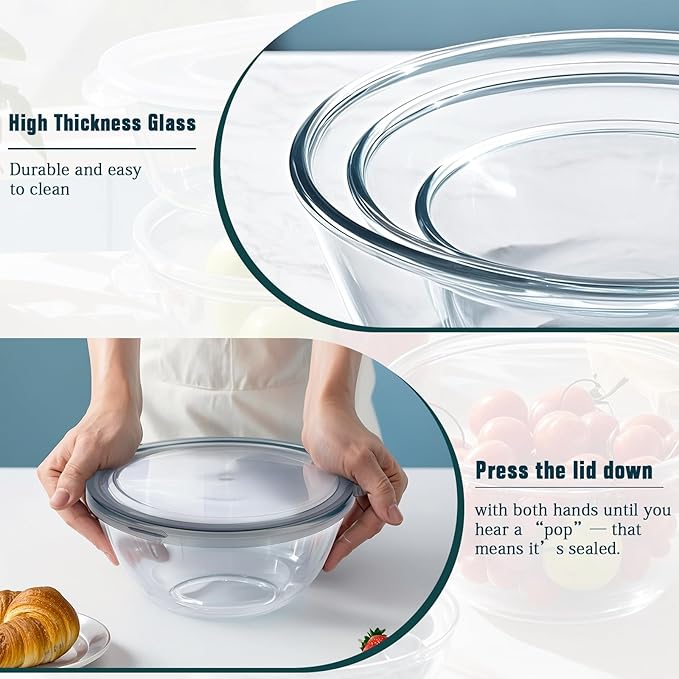 Glass Mixing Bowls with Lids Set(4.5QT, 2.7QT, 1.1QT),Glass Bowls with Lids Large Mixing Bowl Salad Bowls Space-Saving Nesting bowls Serving bowls Storage Container for Cooking,Baking,Prepping