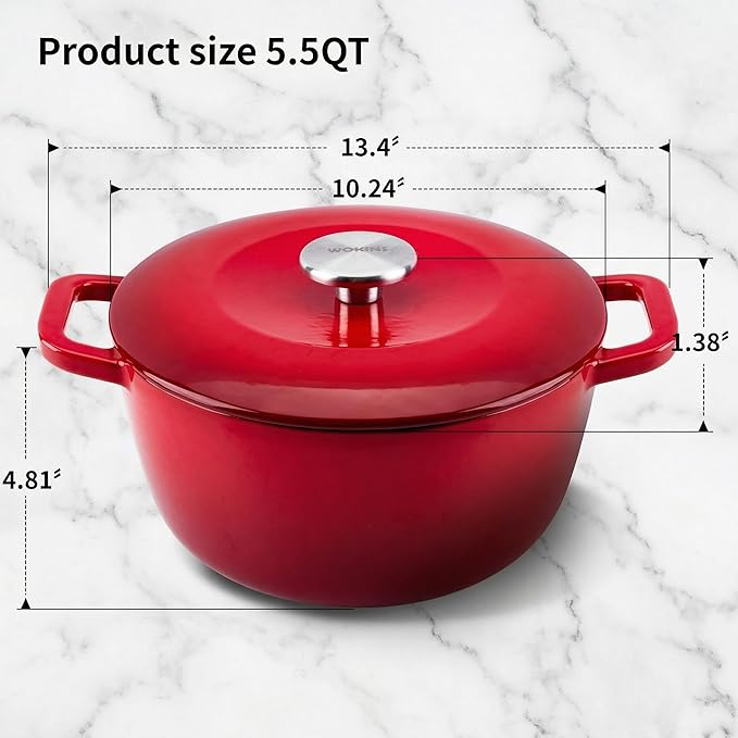 5.5QT Enamel Cast Iron Dutch Oven with Lid,Dual Handles,Versatile Heavy-Duty Non-toxic Cookware for Sourdough Bread Baking,Braising,Stews,Roasting,Oven Safe up to 500°F red