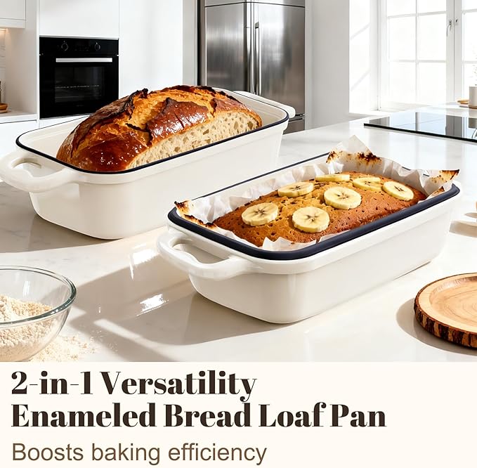 Enameled Cast Iron Sourdough Bread Dutch Oven, Cast Iron Loaf Bread Pan for Homemade Bread Baking, 2PCS 9 x 5Inch Meatloaf Pan with Lid, Oven Safe, Cream