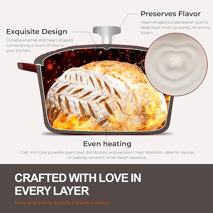 Overmont Enameled Cast Iron Dutch Oven - Heart-Shaped Pot with Lid Cookbook & Cotton Pot Holders - Mini Cookware Oven Safe to 500°F for Bread Baking Soups Stews - Great Gift for Wedding Birthday Housewarming 2QT Red