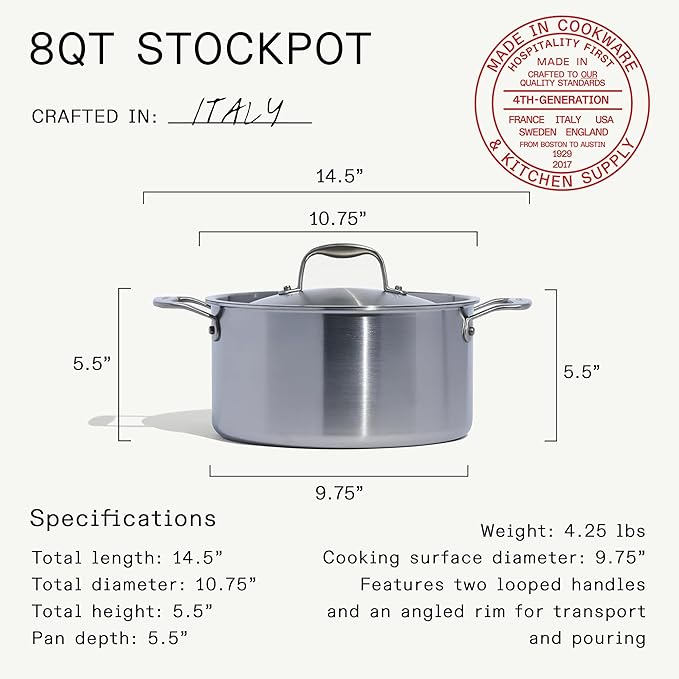 Made In Cookware - 8 Quart Stainless Steel Stock Pot With Lid - 5 Ply Stainless Clad - Professional Cookware - Crafted in Italy - Induction Compatible