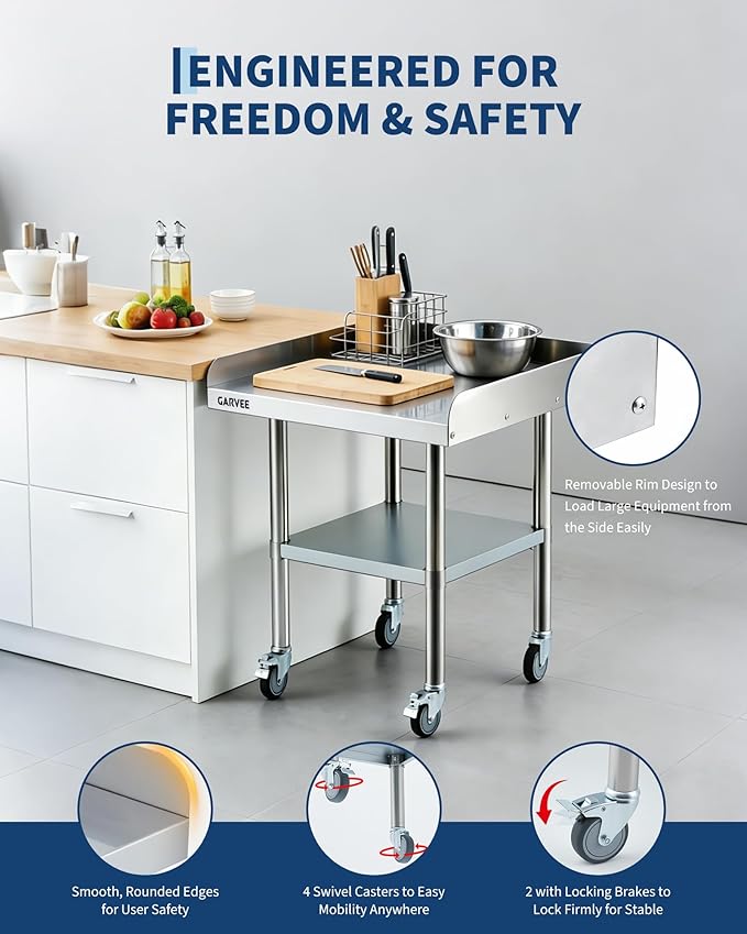 Garvee Stainless Steel Work Table, 30x30x26 Inch Commercial Food Prep Worktable with Wheels, Detachable 3-Sided Backsplash & Height-Adjustable Shelf, Heavy Duty Workbench for Kitchen Restaurant Garage
