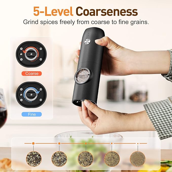 Electric Salt and Pepper Grinder Set-Rechargeable Automatic Pepper Mill Grinder with LED Home Gifts for Women, USB Adjustable Coarseness shakers, One-Hand Operation for Kitchen Appliances