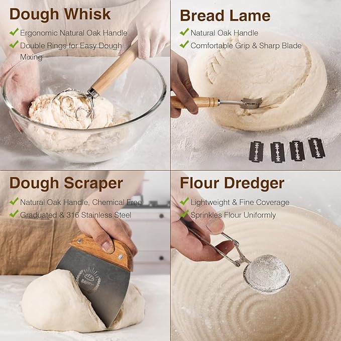 Sourdough Starter Kit, 9" Round 1KG Wood Pulp Banneton Bread Proofing Baskets Set, Sourdough Bread Baking Supplies Making Tools with Dough Scraper, Whisk, Bread Lame, Recipe