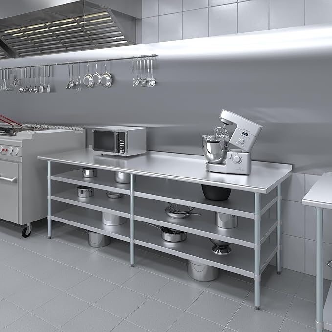 AmGood Stainless Steel Work Table with 1.5" Backsplash and 3 Shelves | Metal Kitchen Food Prep Table | NSF (96" Long x 30" Deep)
