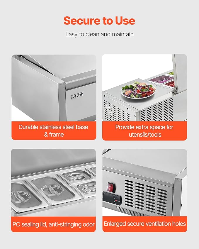 VEVOR Refrigerated Condiment Prep Station, 130 W Countertop Refrigerated Condiment Station, with Two 1/3 Pans & Four 1/6 Pans, 304 Stainless Body and PC Lid, Sandwich Prep Table with Stainless Guard