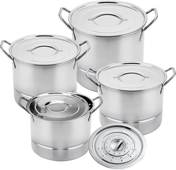 Alpine Cuisine 12-Piece Stainless Steel Stock Pot and Steamer Set – Large Cooking Pots with Lids For Soup, Boiling, Canning, Steaming, Tamales 6.5/9.5/12/16 Quart