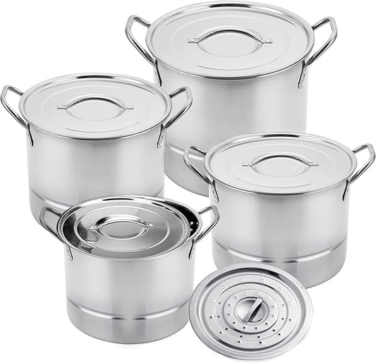 Alpine Cuisine 12-Piece Stainless Steel Stock Pot and Steamer Set – Large Cooking Pots with Lids For Soup, Boiling, Canning, Steaming, Tamales 6.5/9.5/12/16 Quart