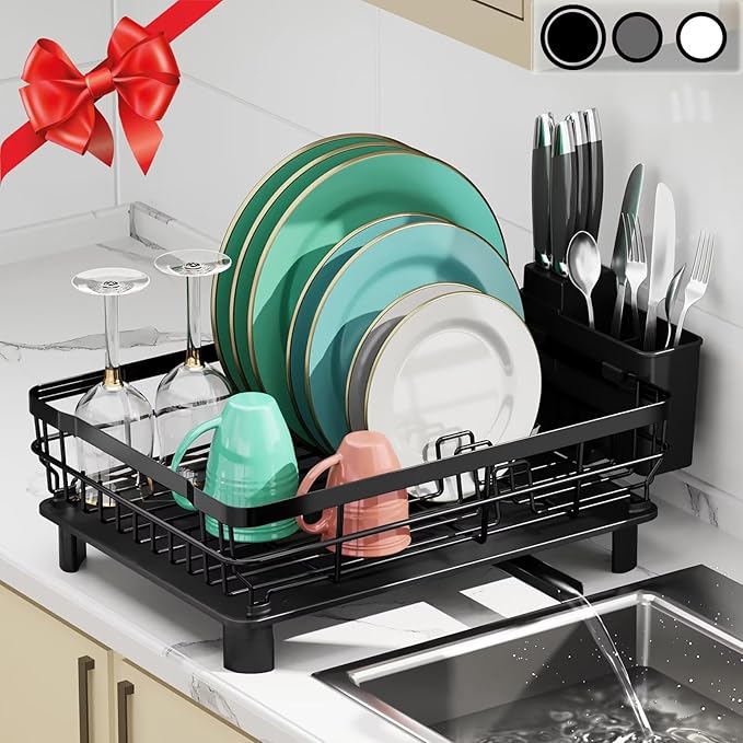 MOUKABAL 2-Tier Kitchen Dish Drying Rack with Removable Utensil Holder, Large Capacity Drying Rack with Drainboard for Kitchen Sink Counter (Black, Metal)