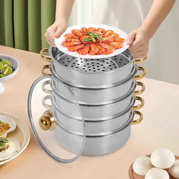 5-Tier Stainless Steel Steamer Pot, 1.85 Gal Large Capacity Stackable Steamer Basket Set for Healthy Cooking, Quick & Even Heating with Clear Lid, for Family Kitchen, Induction & Gas Stove