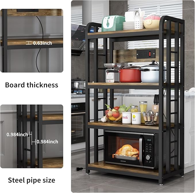 Bakers Rack with Power Outlet ，4-Tier Kitchen Baker's Rack,Microwave Stand with Storage Suitable for Kitchen, Living Room, Dinning Room，Coffee Bar(Rustic Brown)