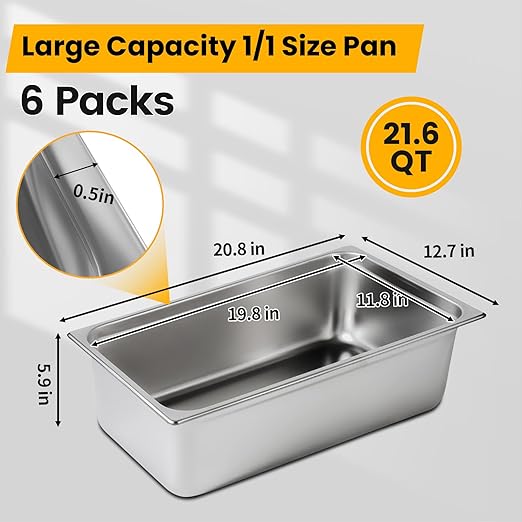 Aplancee Full Size Hotel Pans 6 Inch Deep Stainless Steel Food Pan - Anti-Jam 6 Pack Steam Table Pan Set for Catering, Buffet Use, Kitchen Prep