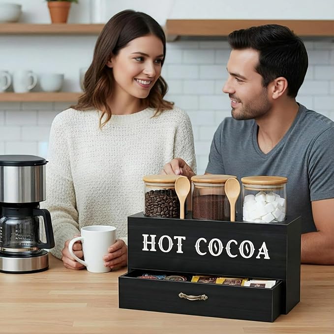 LemonRoad 3 Pcs Hot Cocoa Bar Accessories Wooden Hot Chocolate Bar Organizer with Glass Jar and Spoon Coffee Sugar Container Set Cocoa Container Box with Drawer for Kitchen Winter Pantry Storage