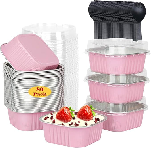 LNYZQUS 10oz/80pack Mini Cake Foil Pans with Lids, 4”x4” Large Cupcake Pan Disposable Ramekins,Small Brownie Baking Cups Square Muffin Tin Cheesecake Containers Holders-Pink