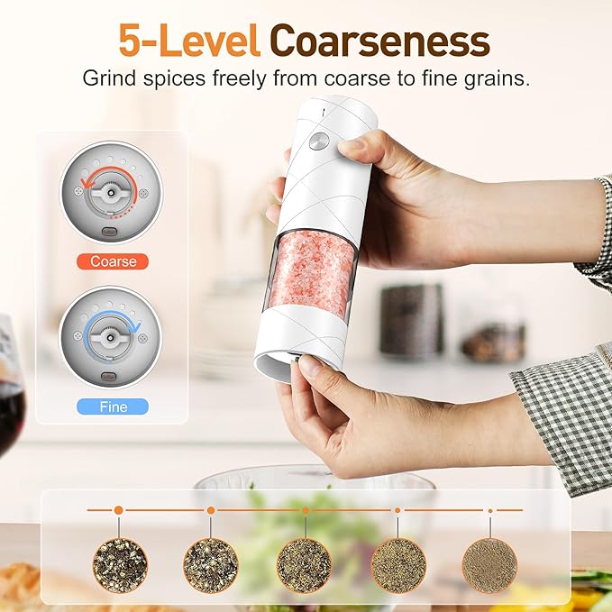 Electric Salt and Pepper Grinder Set, Rechargeable Automatic Pepper Mill Grinder with LED Light, House Warming Gifts New Home, One-Hand Operation for Kitchen Appliances(2 Pack Upgrade White)