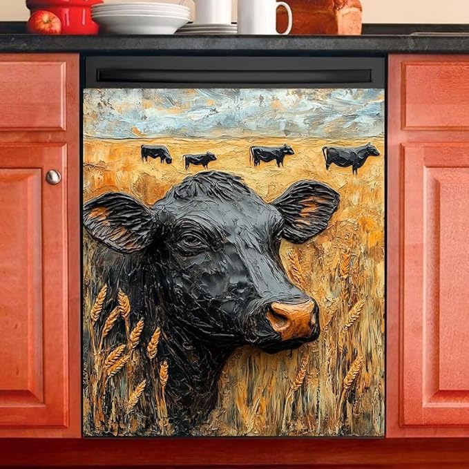 Black Cow in Wheat Field Dishwasher Magnet Cover, Rustic Farm Animal Refrigerator Magnetic Vinyl Sticker for Dishwasher Door, Decorative Kitchen Appliance Panel Decal, 23Wx26H Inches