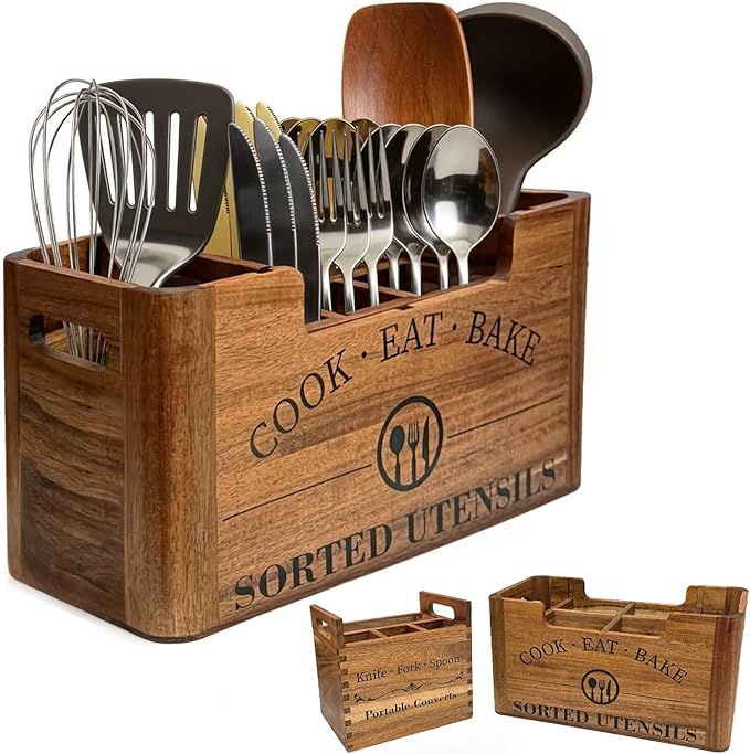 2-in-1 Upgraded Kitchen Utensil Holder for Counter or Countertop, Extra Large Utensil Holder with Removable Portable Organizer, Acacia Rustic Wooden Utensil Holder for Storage Cooking and Silverware