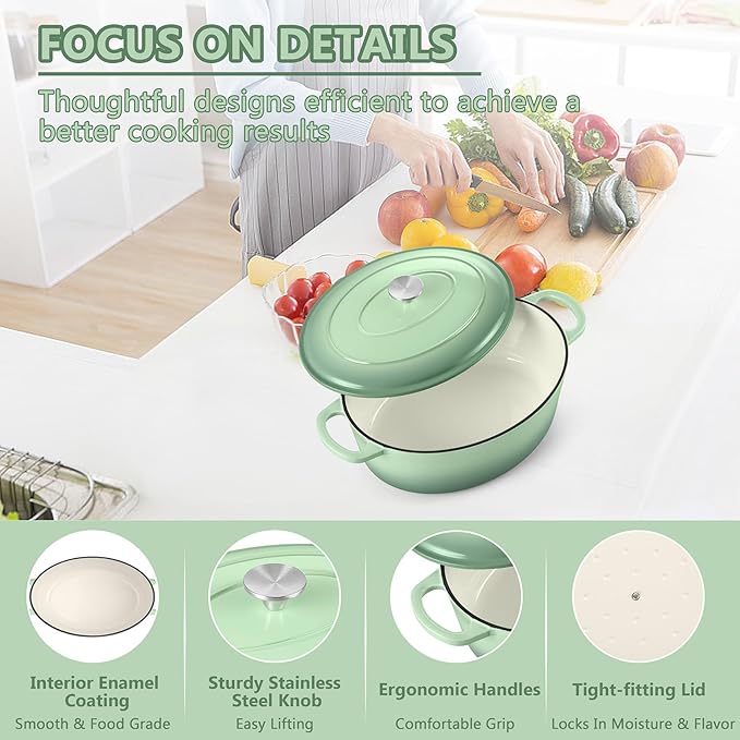 TeamFar Oval Dutch Oven, 5qt Enameled Cast Iron Dutch Oven Pot with Lid, For Bread Baking/Stewing/Braising/Frying, Suitable for Various Stoves, Dual Handles & Easy Cleanup, Pistachio Green