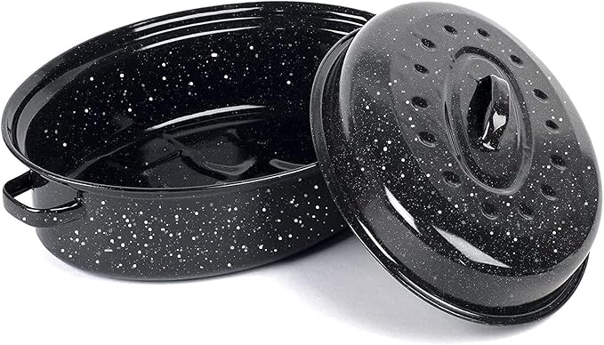 14.6 Inch Roasting Pan with Lid - Covered Oval Roaster - Enamel Carbon Steel Roaster Pot - Excellent Heat Distribution and Non-sticky - for Turkey Chicken Meat & Vegetables -Birthday and Holiday gift