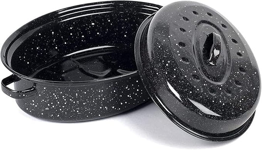 14.6 Inch Roasting Pan with Lid - Covered Oval Roaster - Enamel Carbon Steel Roaster Pot - Excellent Heat Distribution and Non-sticky - for Turkey Chicken Meat & Vegetables -Birthday and Holiday gift